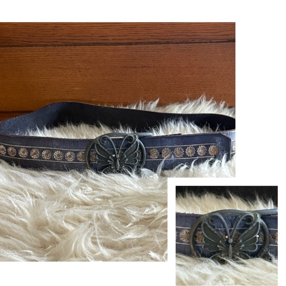 🦋 Brass Butterfly Buckle Blue Leather Floral Etched Belt
